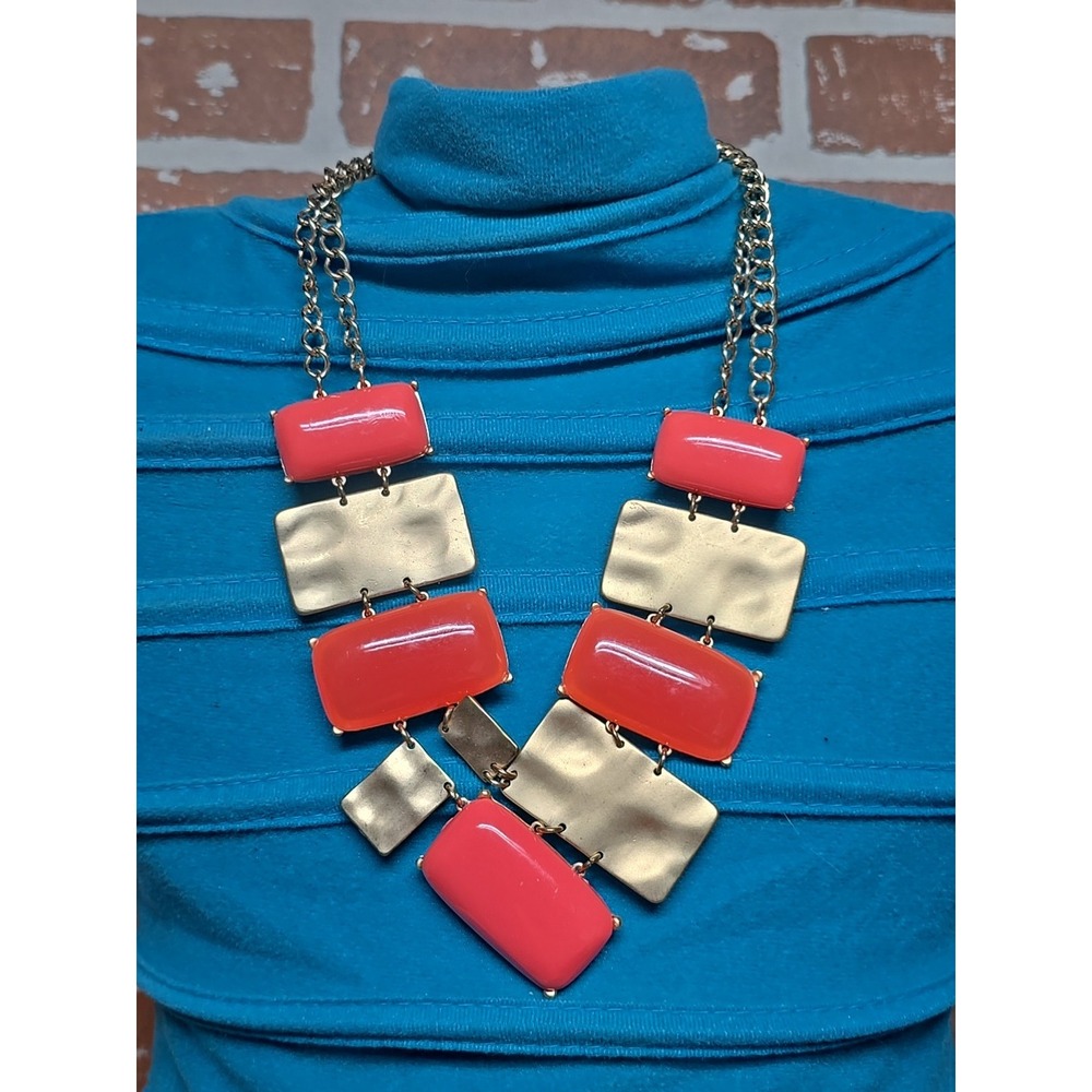 Mika 20" Necklace Coral Shades & Gold Tone Statement Double Chain Lobster Clasp
